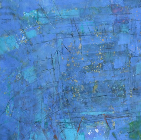 傾いた世界(ブルーワールド)1、紙にグワッシュ、水彩、和田 健、抽象画